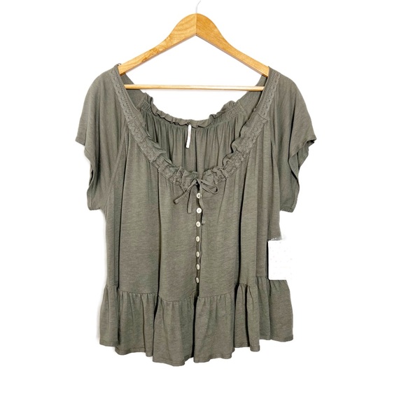 New with tag Women's Free People Army Sage Green Ruffled Button Lace Tie Blouse - Picture 2 of 16